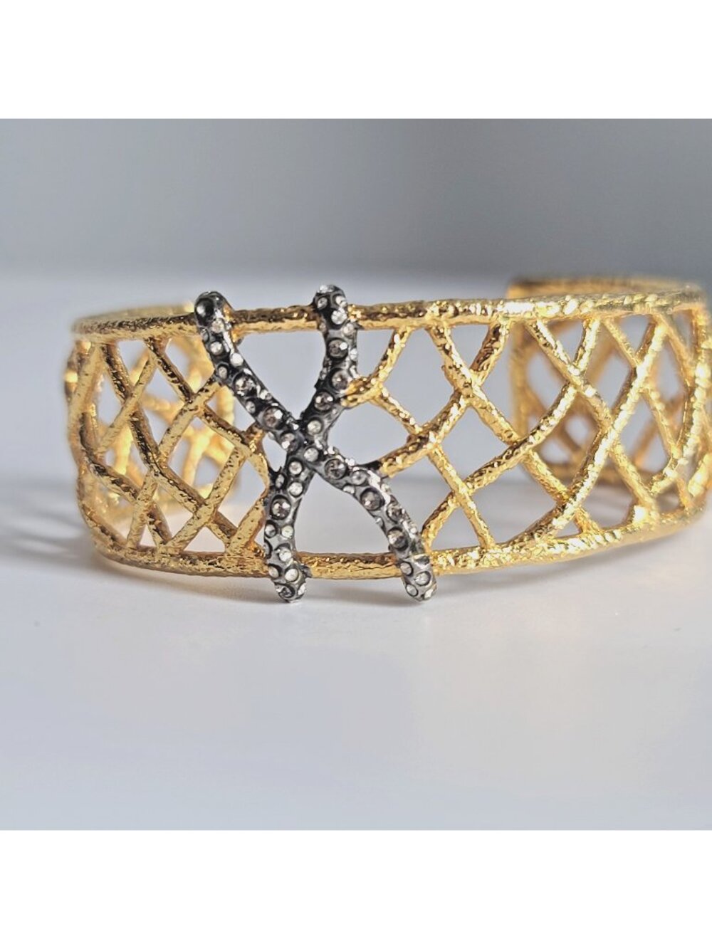 Alexis Bittar Brutalist 18k GP Woven Openwork Cuff Bracelet X Motif Gold tone